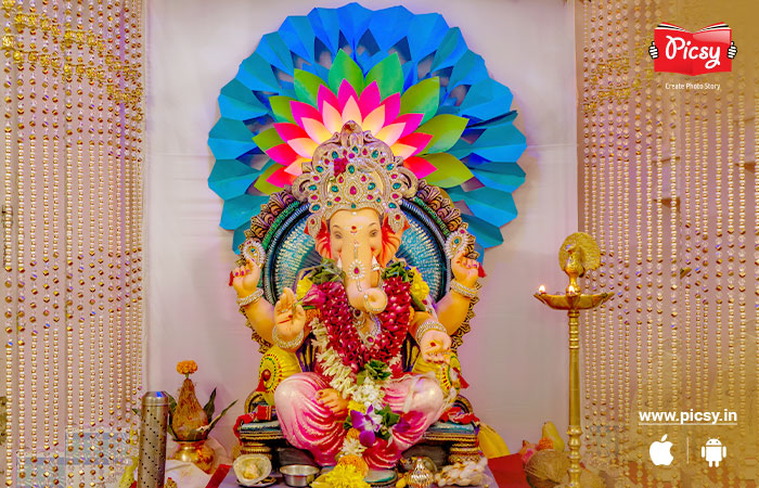 Ganpati Decoration with Paper Flowers